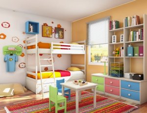 Green, red, blue, and orange tetrad colour scheme. These schemes are mostly seen in children's rooms as they are quite loud.